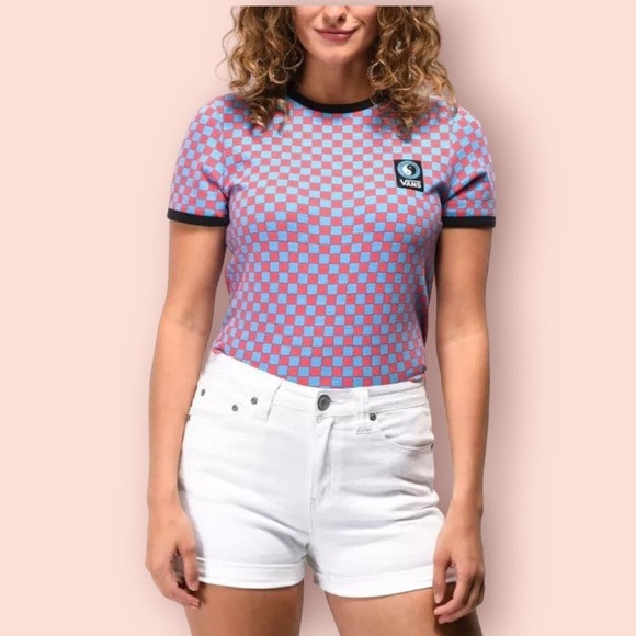 Vans x T&C Surf Designs Ringer Pink & Blue  Checkered Fitted Tee, Size XS - Picture 9 of 9